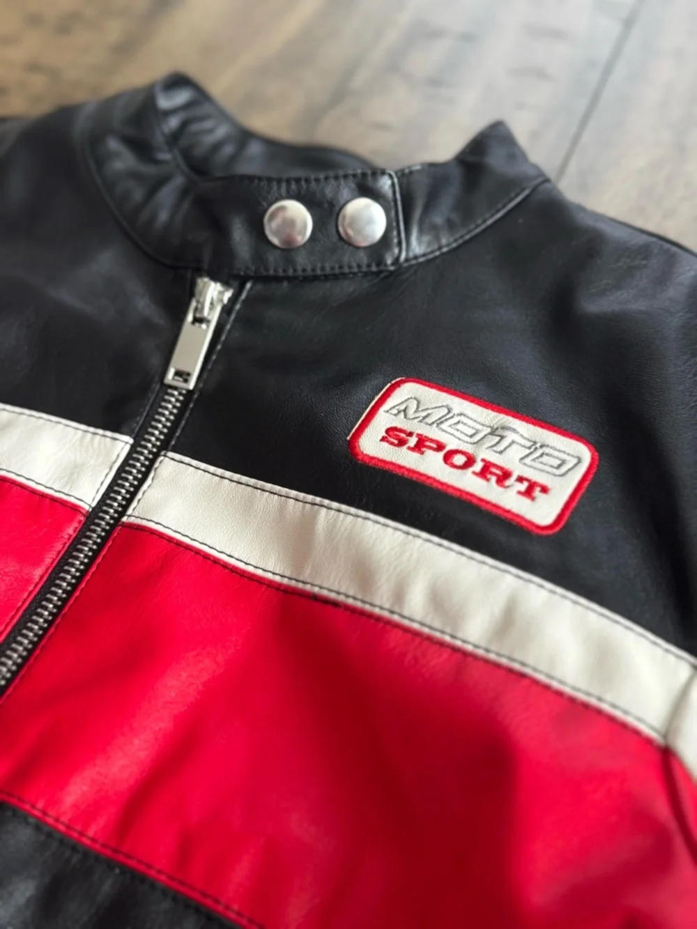 Forever 21 Black, Red & White Leather-Style Racing Jacket